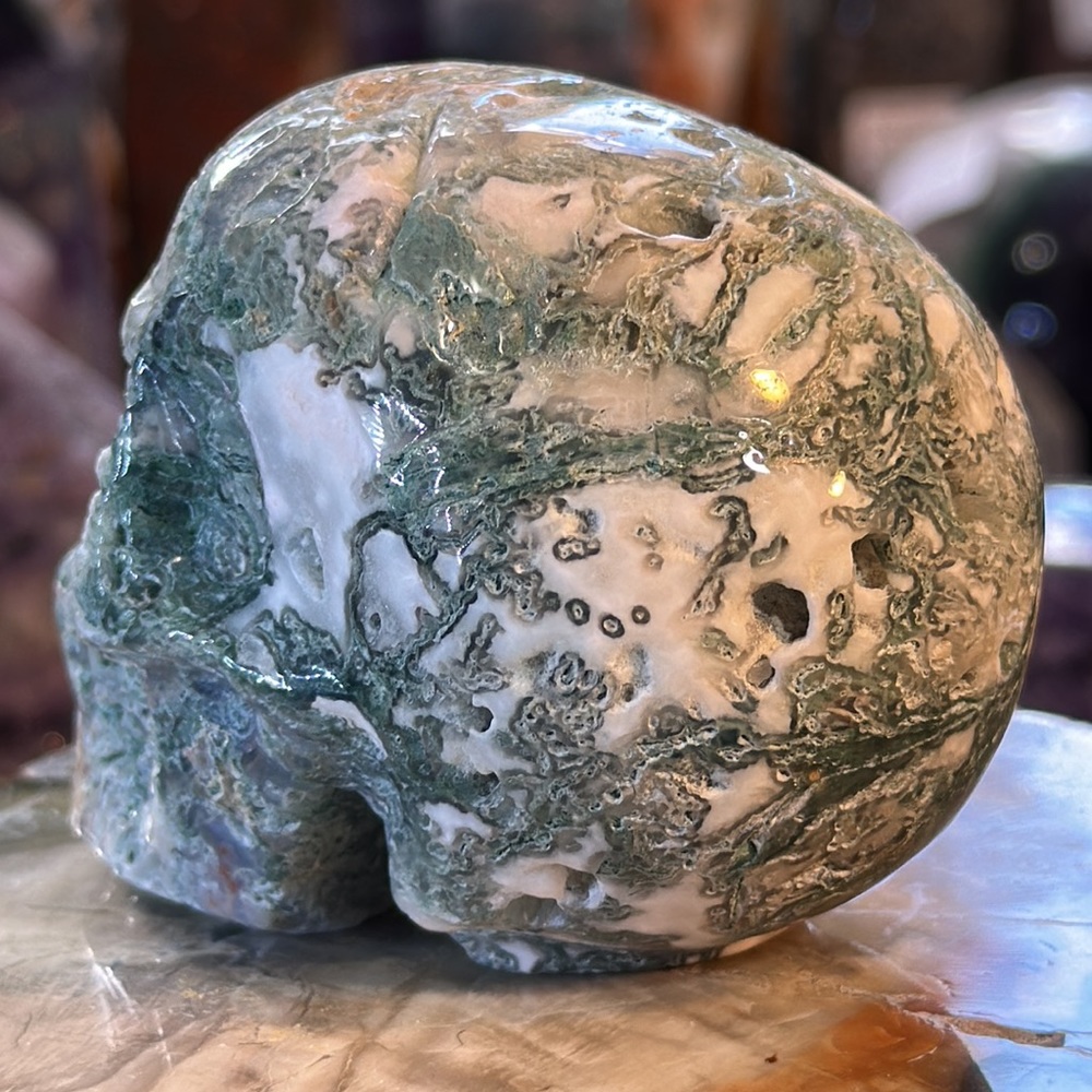 🌸SALE🌸 Moss Agate Crystal Skull Carving! - Picture 9 of 10